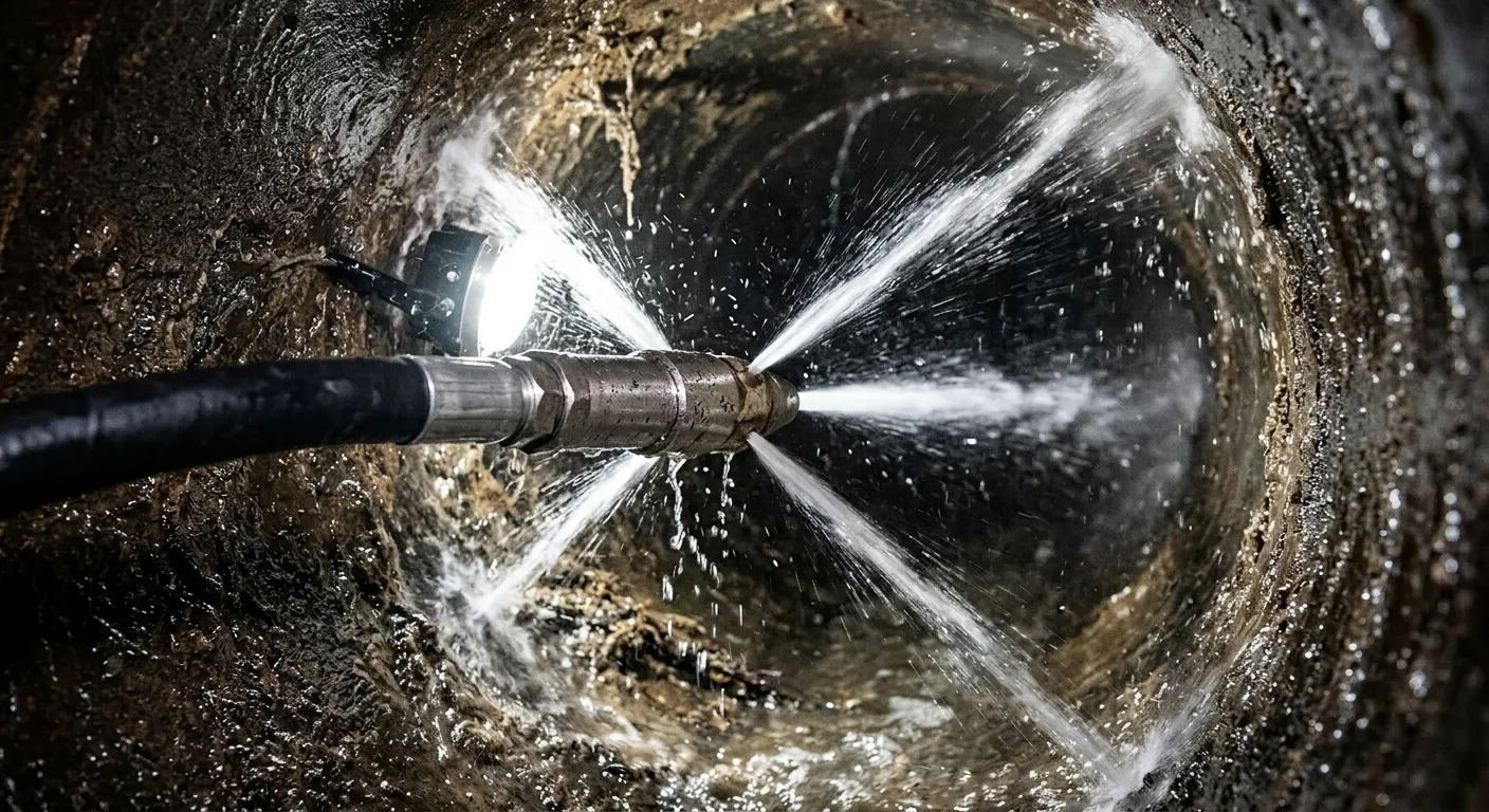 High-pressure hydro jetting nozzle cleaning sewer pipe for Emergency Drain Service in Eden Prairie